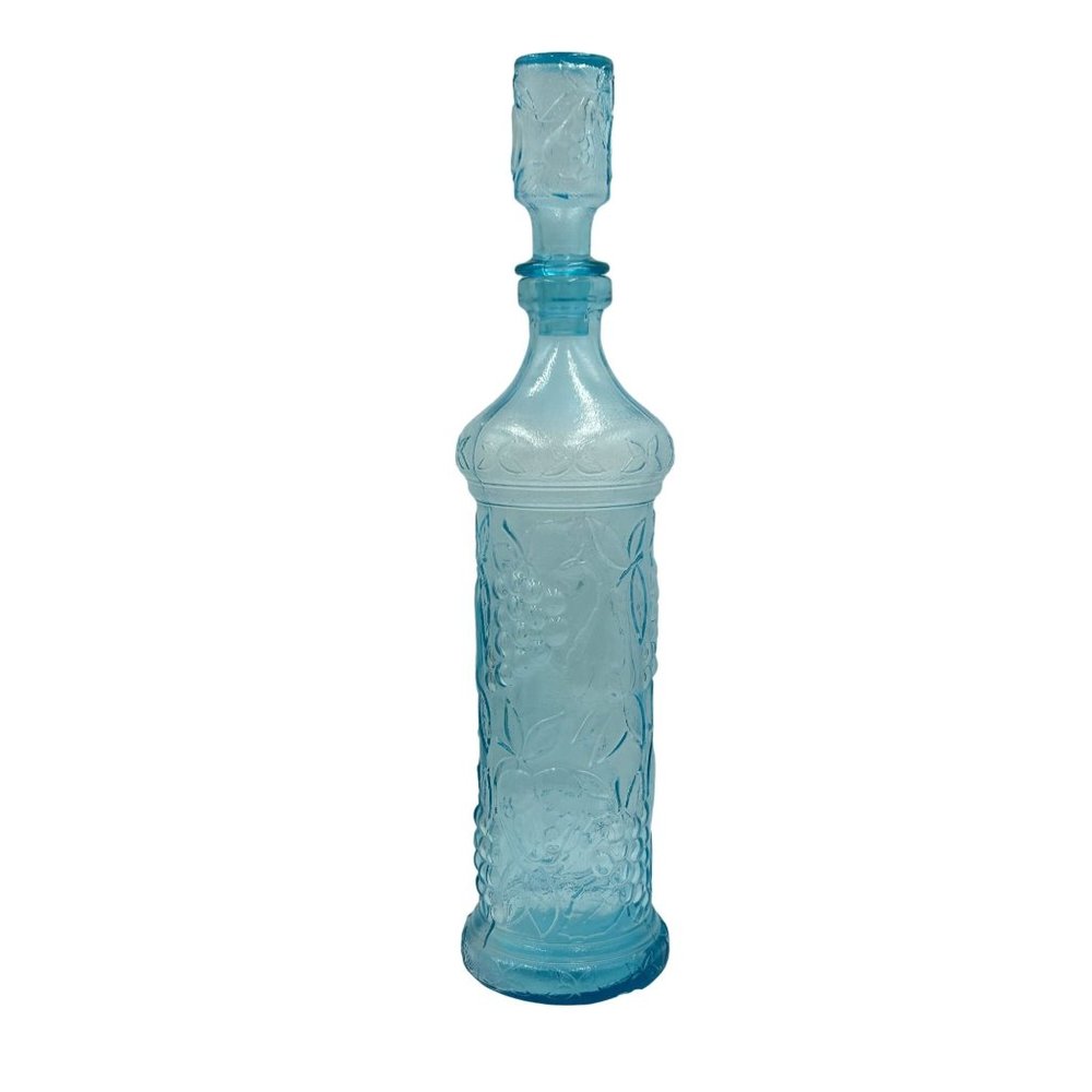 Vintage Empoli Blue Decanter Bottle with Stopper Fruit Motif Tall Made In Italy